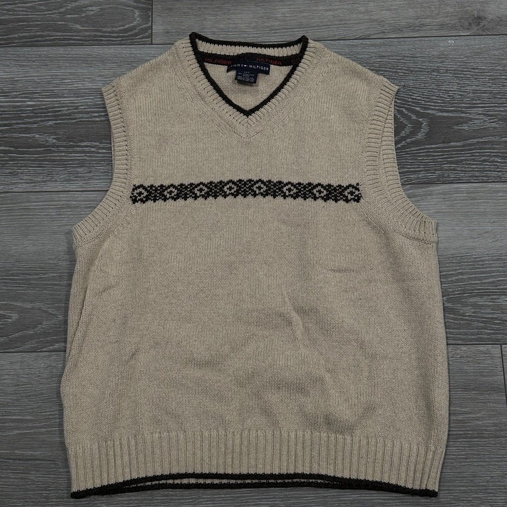 Vintage Tommy Hilfiger Sweater Vest Men's Large Beige Black Geometric Hong Kong